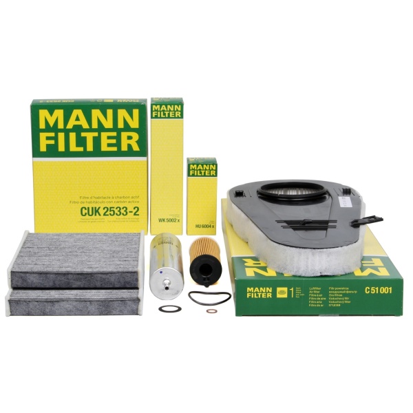 Pachet Revizie Filtru Aer + Polen + Ulei + Combustibil Mann Filter Bmw Seria 5 F07 2009-2017 518d 520d 525d 136-258 PS C51001+CUK2533-2+HU6004X+WK5002X