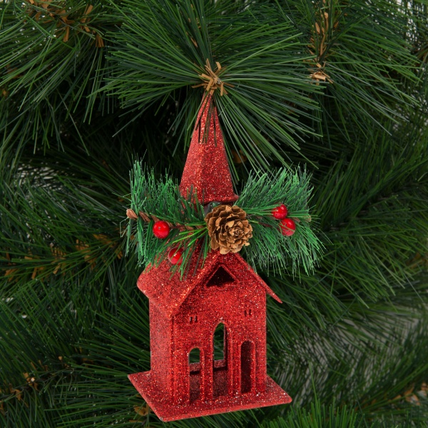 Ornament de brad cu agățătoare - biserică - 16 x 6.5 cm - roșie 58677A