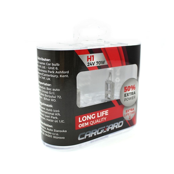 Set de 2 becuri Halogen 24V -  H1, 70W, +50% Intensitate - LONG LIFE - CARGUARD BHA041