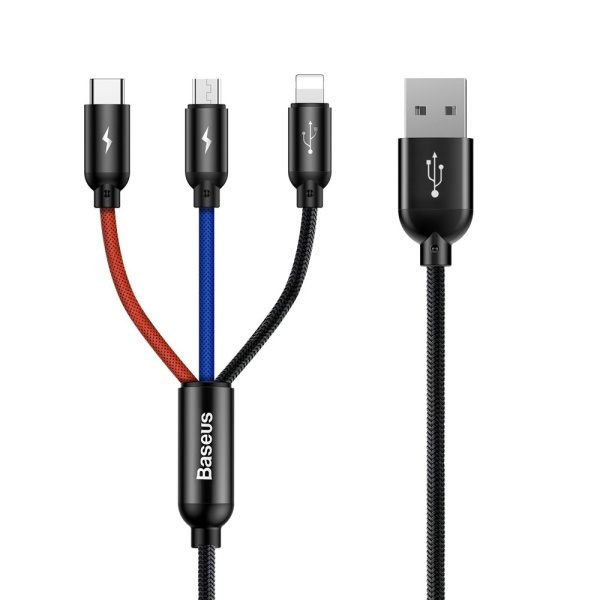 Cablu USB 3in1 Baseus Three Primary Colors - Micro USB / Lightning / USB-C Impletit Nailon 3,5A 1,2M Negru (CAMLT-BSY01) 