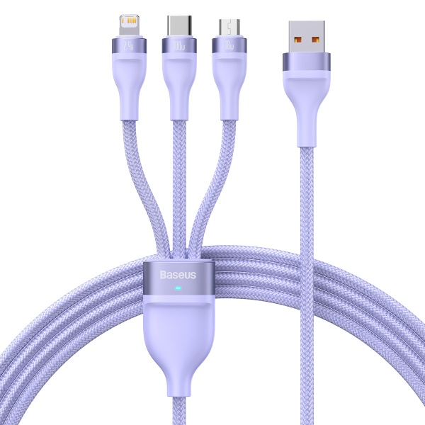 Seria Flash Baseus Ⅱ Cablu De Date De încărcare Rapidă Unul Pentru Trei USB La M+L+C 100W 1,2 M Violet  CASS030005