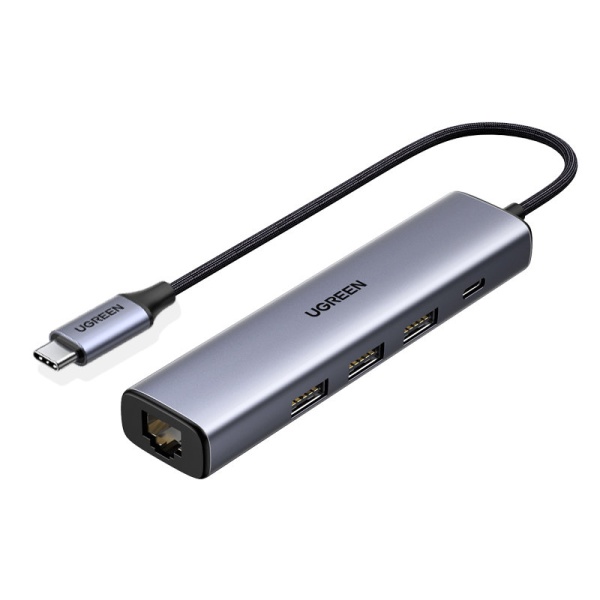 Adaptor Multifuncțional Ugreen HUB USB Tip C - 3 X USB / Ethernet RJ-45 / USB Tip C PD Gri (CM475) 