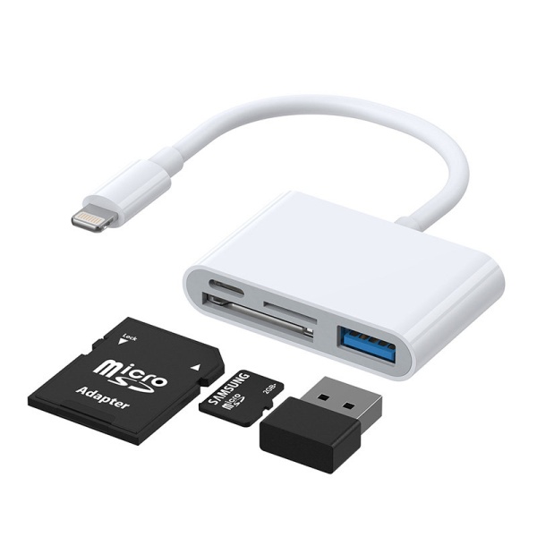 Adaptor OTG Lightning Multifuncțional Joyroom HUB - USB 3.2 Gen 1 (3.0, 3.1 Gen 1) / SD, TF / Cititor De Carduri Lightning Alb (S-H142 Alb) 