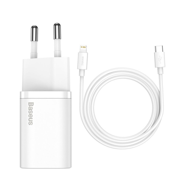 Încărcător De Perete Rapid Baseus Super Si 1C USB Type C 20 W Power Delivery + USB Type C - Cablu Lightning 1 M Alb (TZCCSUP-B02) 