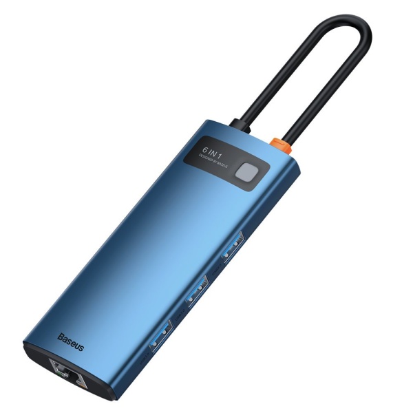 Hub USB Tip C Multifuncțional Baseus Metal Gleam 6 în 1 - Livrare Energie USB Tip C 100 W / HDMI 4K 30 Hz / 3x USB 3.2 Gen 1 / RJ45 1 Gbps Albastru (WKWG000003) 