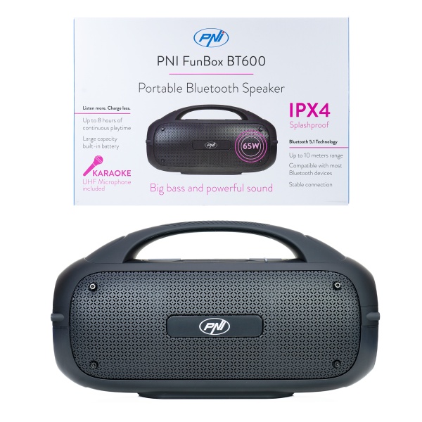 Boxa portabila PNI FunBox BT600, cu Bluetooth, 65W, MP3 player, cititor card, USB, microfon fara fir, acumulator 4400mAh, IPX4 PNI-BT600