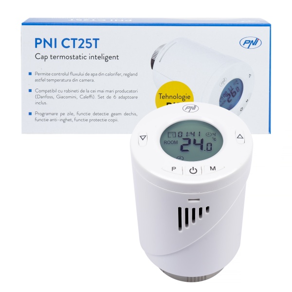 Cap termostatic inteligent PNI CT25T pentru calorifer, se conecteaza fara fir cu Hub PNI CT25WIFI cu control prin Internet, aplicatie de mobil Tuya Smart PNI-CT25TR