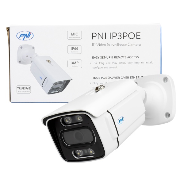 Camera supraveghere video PNI IP3POE cu IP, 3MP, de exterior IP66, microfon incorporat, compatibila cu sistemul de supraveghere POE PNI House IPMAX POE 3 si PNI House IPMAX POE 3LR PNI-IP03POE