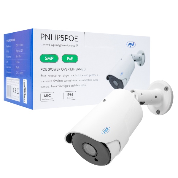 Camera supraveghere video PNI IP5POE cu IP, 5MP, microfon incorporat, de exterior, compatibila cu sistemul POE PNI House IPMAX POE Five PNI-IP05POE