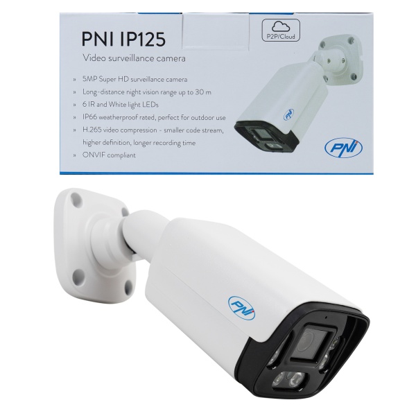 Camera supraveghere video PNI IP125 cu IP, 5MP, H.265, ONVIF, de exterior si interior IP66, detectie umana, detectie miscare PNI-IP125