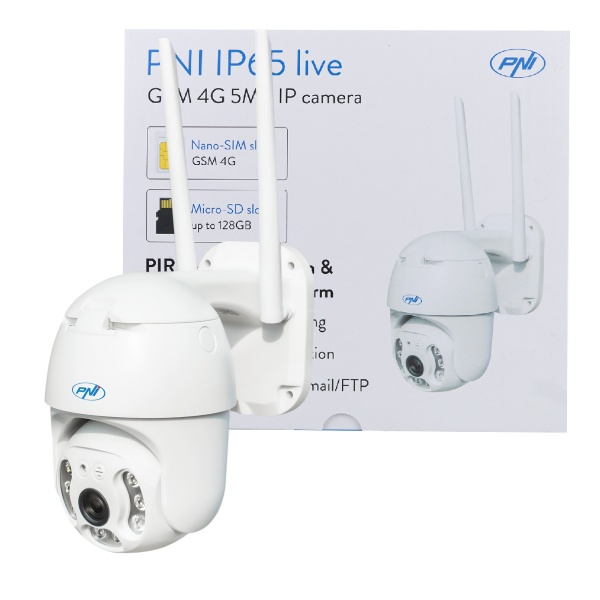 Camera supraveghere video PNI IP65 live PTZ 5MP, GSM 4G, slot card micro SD, detectie miscare, detectie silueta umana, de exterior IP66, LED-uri IR si LED-uri albe PNI-IP65