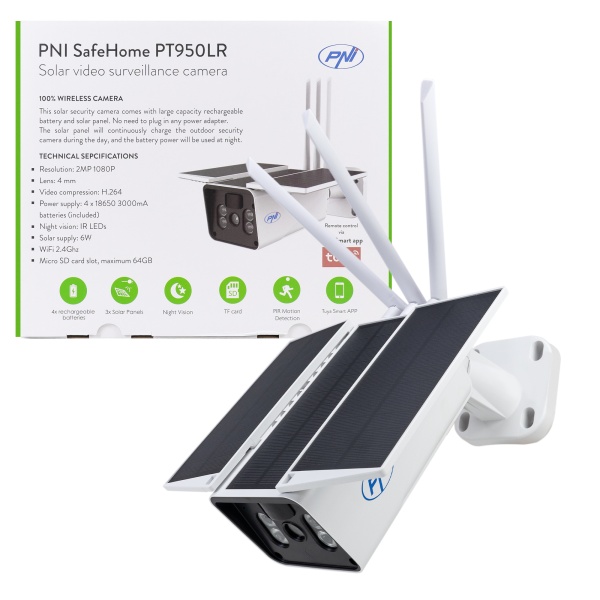 Camera supraveghere video PNI SafeHome PT950LR 1080P 2MP cu panou solar 6W, WiFi, acumulator, control prin aplicatia Tuya Smart, integrare in scenarii si automatizari smart cu alte produse compatibile Tuya PNI-PT950LR