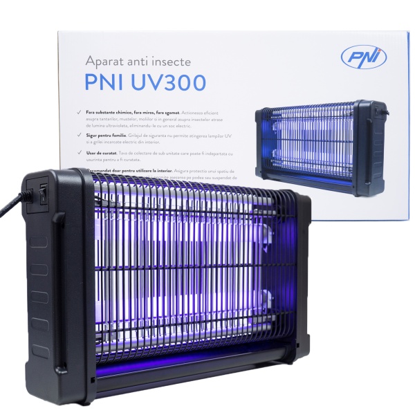 Aparat anti insecte PNI UV300 anti tantari, anti muste, insectocutor cu 2 tuburi ultraviolete, 20W, interior si exterior, montaj pe podea sau tavan PNI-UV300