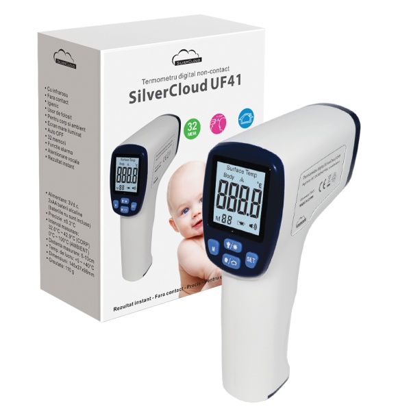 Termometru digital SilverCloud UF41 cutehnologie infrarosu, non-contact, pentru corp sisuprafete, cu atentionare vocala SC-UF41