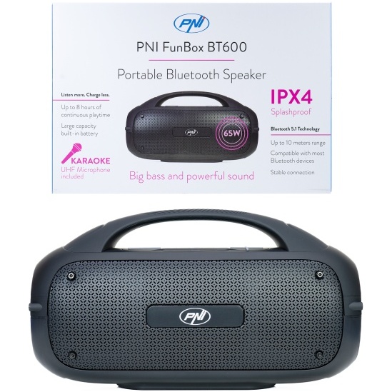 Boxa portabila PNI FunBox BT600, cu Bluetooth, 65W, MP3 player, cititor card, USB, microfon fara fir, acumulator 4400mAh, IPX4 PNI-BT600
