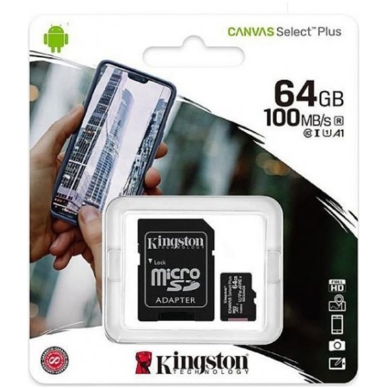 Card de memorie MicroSD Kingston Canvas Select Plus, 64GB, 100MB/s, cu adaptor PNI-KIMSD64