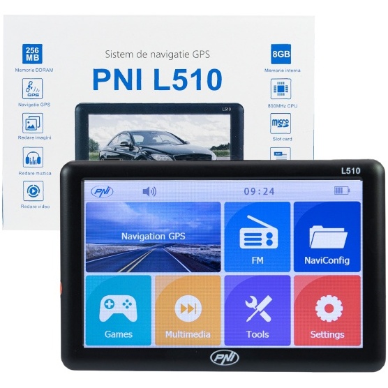 Sistem de navigatie GPS PNI L510 ecran 5 inch, 800 MHz, 256MB DDR2, 8GB memorie interna, FM transmitter PNI-L510S