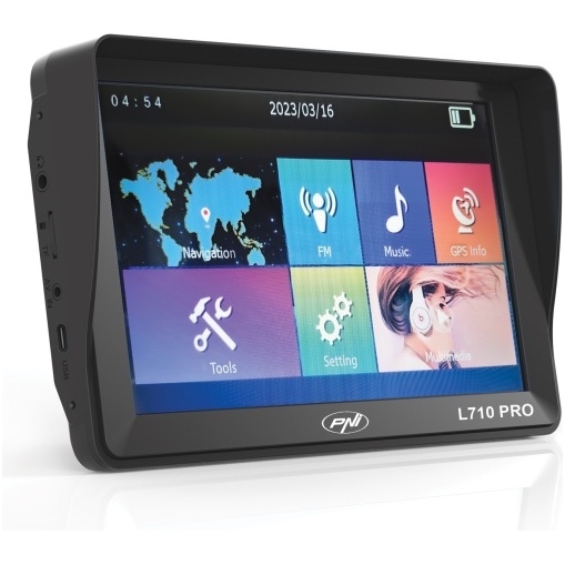Sistem De Navigatie GPS Pni L710 Pro Cu Parasolar, 7 Inch, 800 Mhz, 256Mb Ddr, 16Gb Memorie Interna, FM Transmitter, Cu Doua Alimentatoare Auto Incluse PNI-L710-PRO