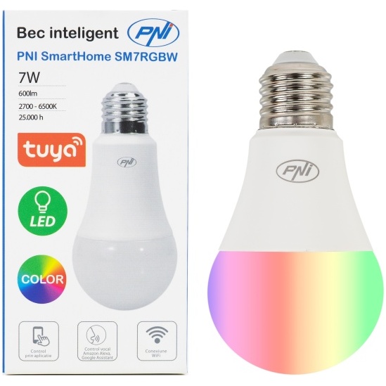 Bec inteligent PNI SmartHome SM7RGBW LED 7W lumina RGBW reglabila, programabil WiFi, control prin internet, App Tuya Smart, compatibil Amazon Alexa si Google Home PNI-SB7RGB