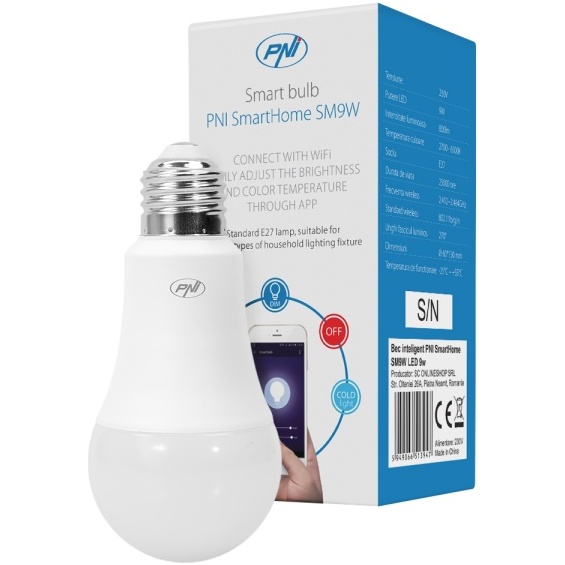 Bec inteligent PNI SmartHome SM9W LED 9w cu lumina reglabila, programabil WiFi compatibil cu Google Home, Alexa PNI-SB9W