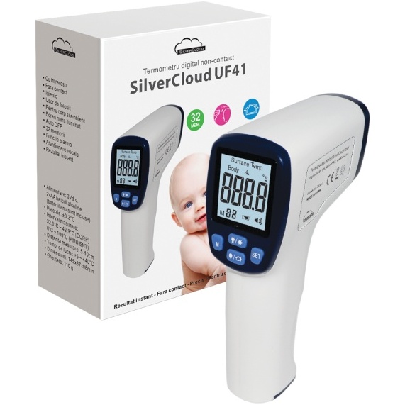 Termometru digital SilverCloud UF41 cutehnologie infrarosu, non-contact, pentru corp sisuprafete, cu atentionare vocala SC-UF41