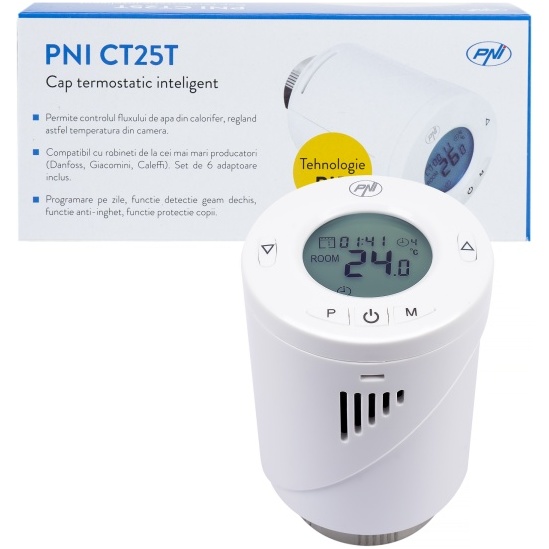 Cap termostatic inteligent PNI CT25T pentru calorifer, se conecteaza fara fir cu Hub PNI CT25WIFI cu control prin Internet, aplicatie de mobil Tuya Smart PNI-CT25TR