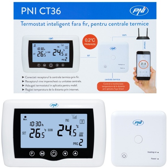 Termostat inteligent PNI CT36 fara fir, cu WiFi, control prin Internet, pentru centrale termice, APP TuyaSmart PNI-CT36