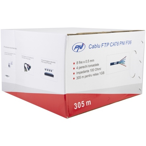 Cablu FTP CAT6 PNI F06 cu 4 perechi pentru internet 1 Gigabit si sisteme de supraveghere Rola 305m PNI-F06-V
