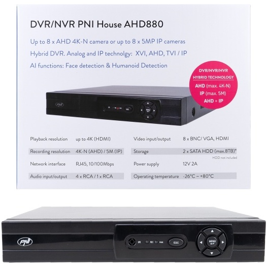 DVR/NVR PNI House AHD880, 8 canale analogice 4K-N sau 8 canale IP 5MP, H265+, intrare audio, iesire audio, USB2.0, 2 x SATA max 8TB PNI-HOUSEA880