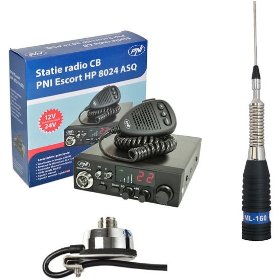 Kit Statie radio CB PNI ESCORT HP 8024 ASQ + Antena CB PNI ML160 cu Suport T941 PNI-PACK55