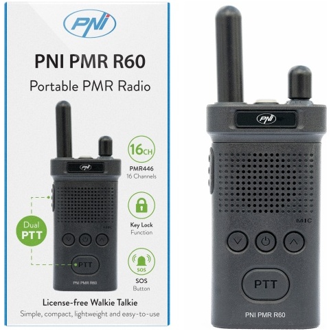 Statie radio portabila PNI PMR R60 446MHz, 0.5W, Scan, blocare taste, SOS, Monitor, acumulator 1200mAh PNI-PMR-R60
