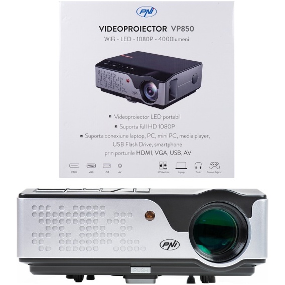 Videoproiector PNI VP850 WiFi, 1080p,  cu lampa LED, 4000 lumeni, Air Play, Miracast, Player multimedia, Keystone PNI-VP850